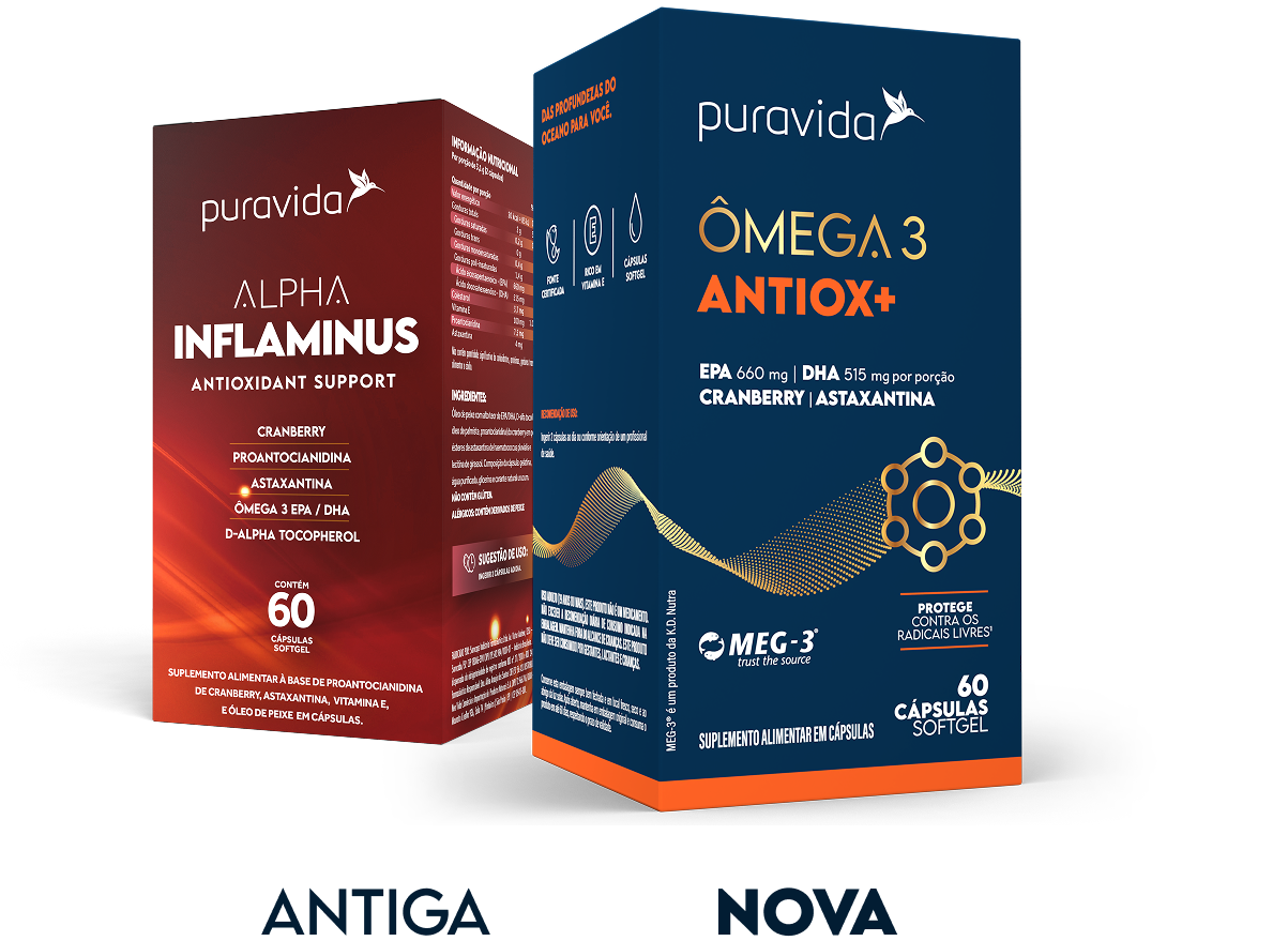Embalagem antiga Alpha Inflaminus e nova Ômega 3 Antiox+